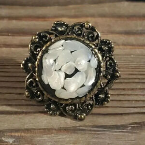 Antique Brass Mother of Pearl Black Resin Domed Cocktail Statement Ring #B3